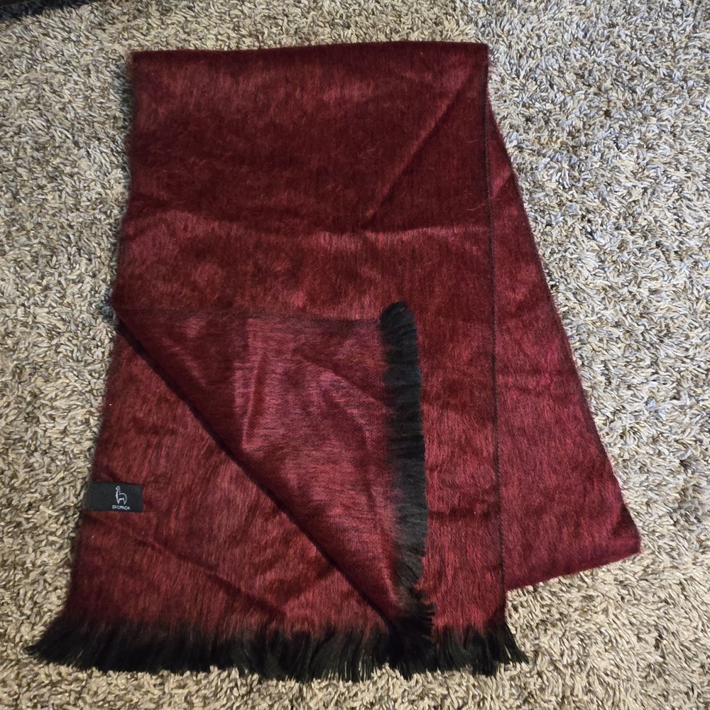 SHUPACA Burgundy Black Alpaca Blend Fringe Scarf Wrap Shawl Soft Fuzzy Luxury